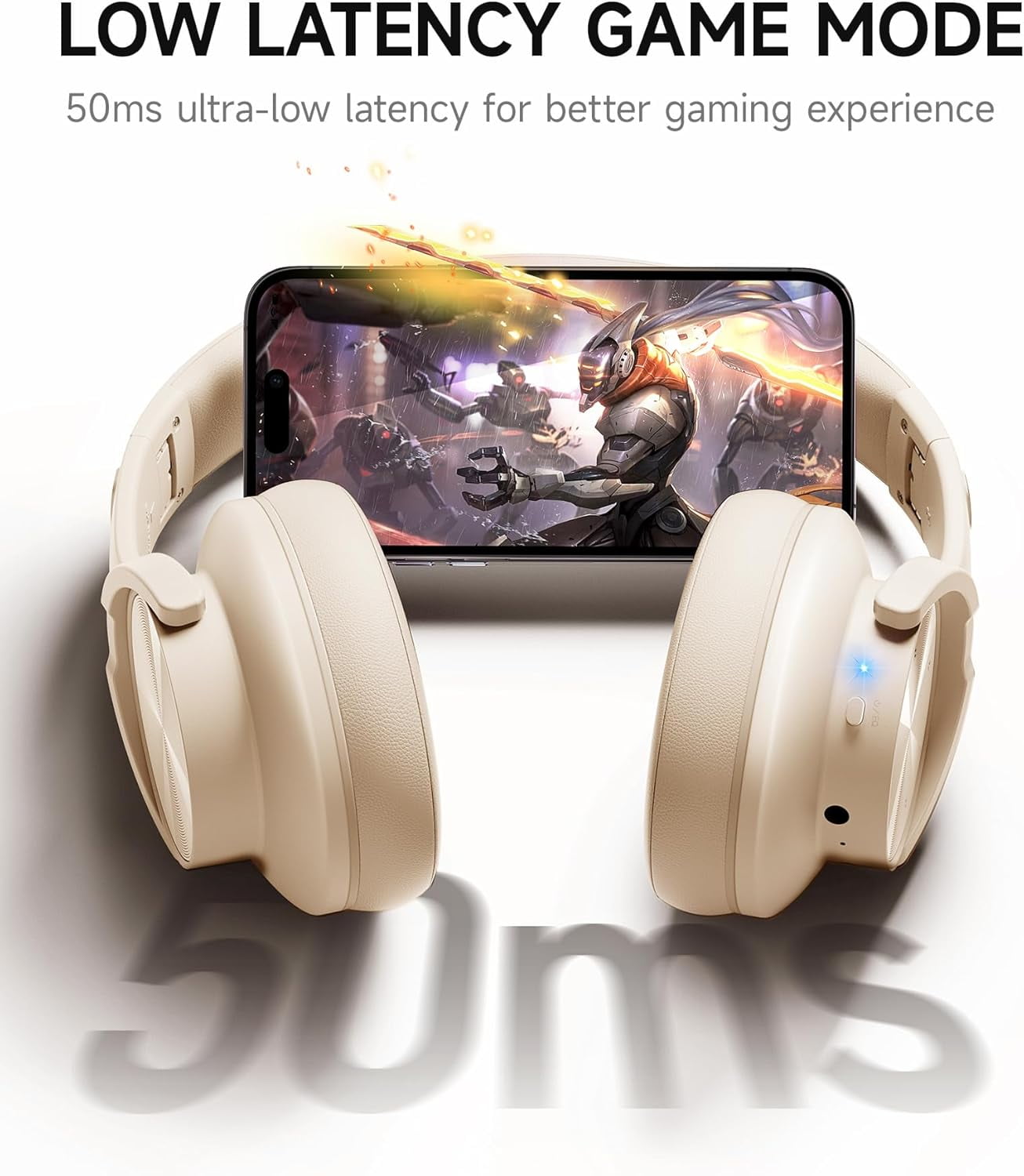 Picun B8 Bluetooth Headphones, 120 Hours Headphone Wireless Bluetooth, Hands-Free Calls, 3EQ & Game Mode, Foldable Headphones Over Ear for Travel Home Office Cellphone PC Khaki White