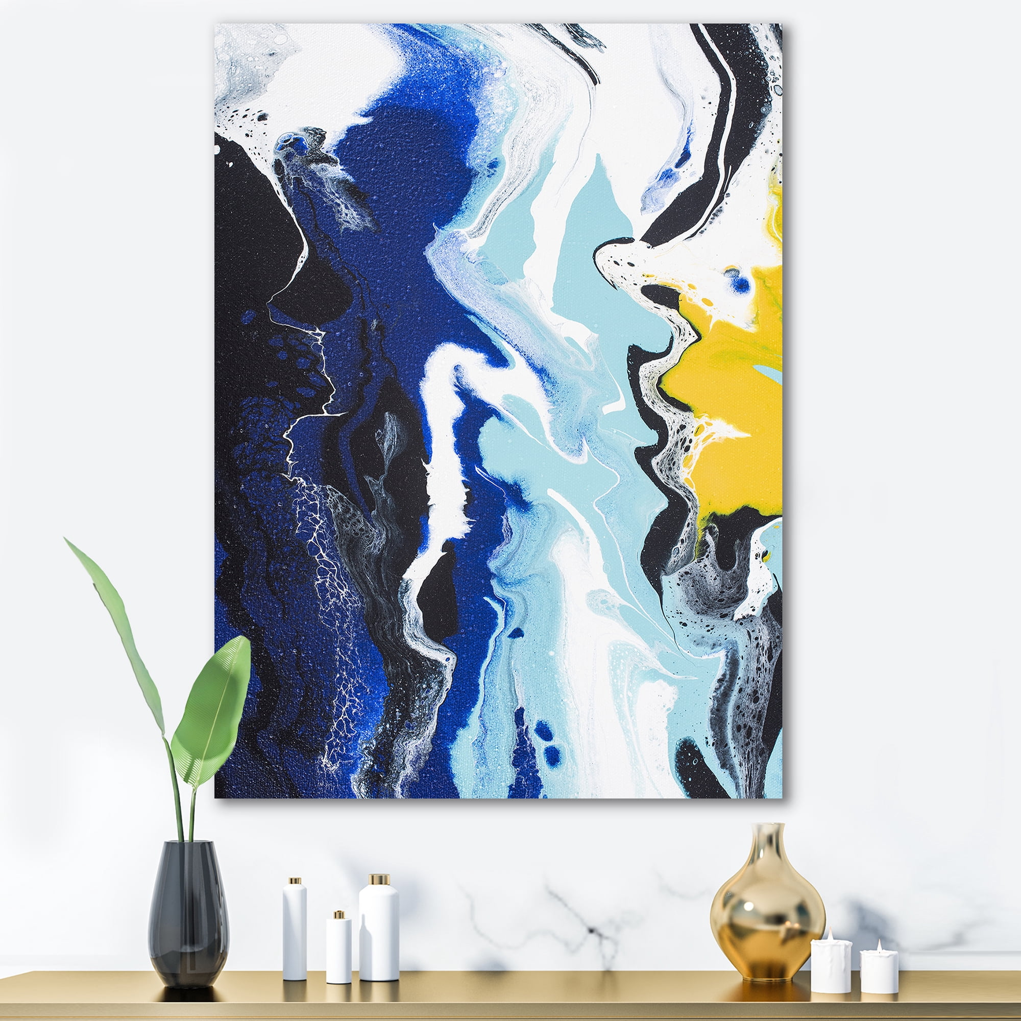 Designart ' Abstract Blue and Yellow Waves ' Modern Canvas Wall Art Print