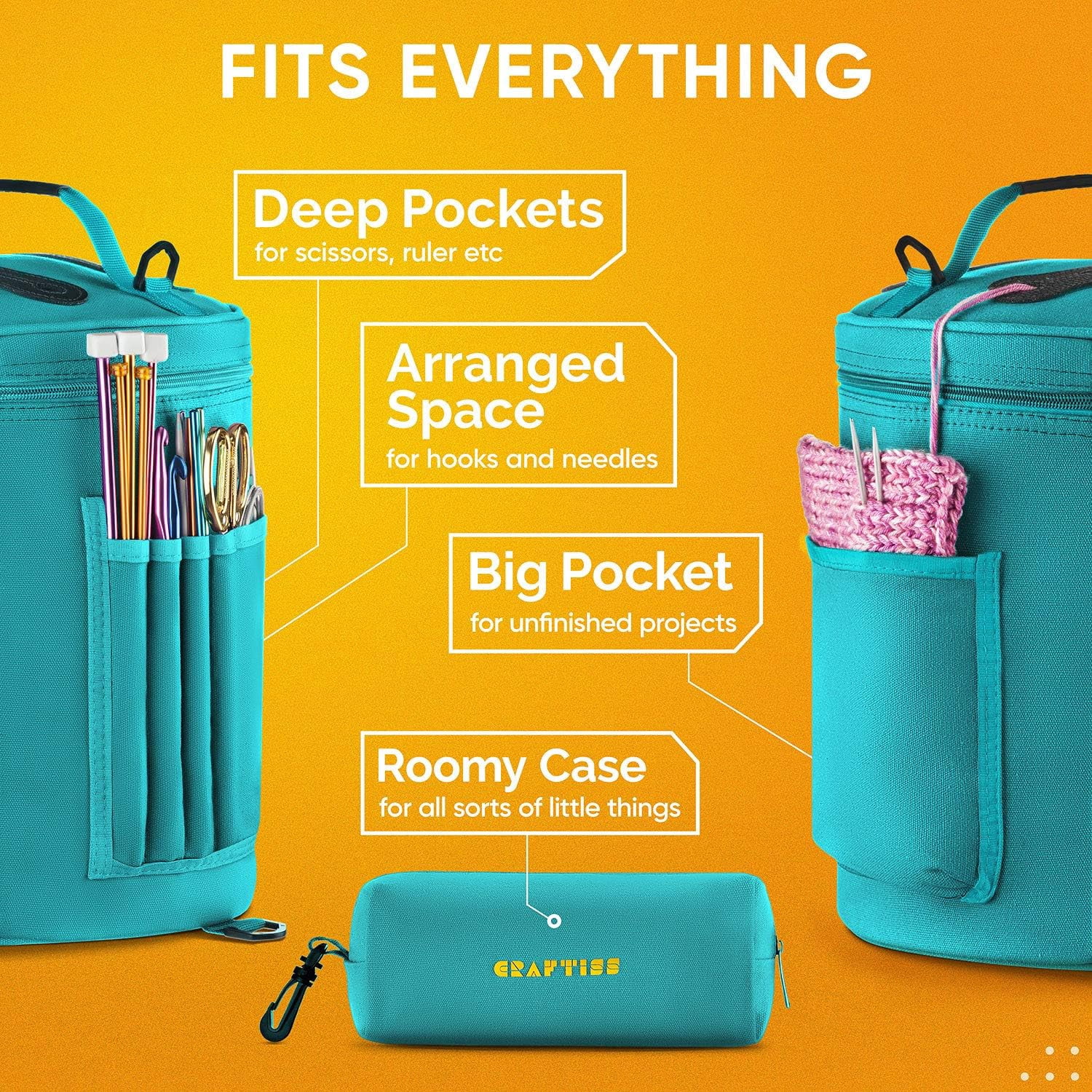 Craftiss Yarn Storage Bag - Turquoise Tote Yarn Bag, Durable Knitting and Crochet Organizer with Needle Case