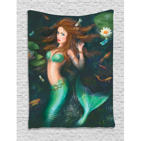 Mermaid Decor Wall Hanging Tapestry, Fantasy Mermaid In Lake With Lilies Blossom Magical Plants Big Leaves, Bedroom Living Room Dorm Accessories, Gift Ideas, By