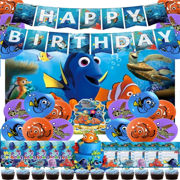 Finding Nemo Party Supplies Pack Includes，Banner，Cake Topper，Background Cloth,Balloons for Finding Nemo party Decoration plates.
