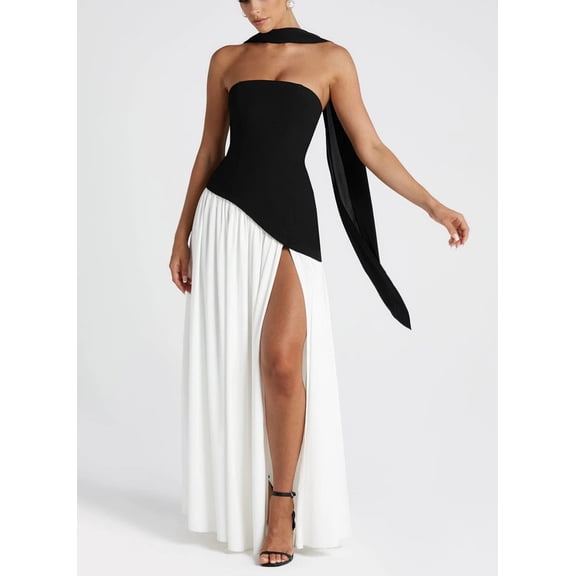 ZPQMNB Asymmetric Halter Corset Gown High Slit Pleated Maxi Dress with Flowing Sash Chiffon Long Prom Dresses