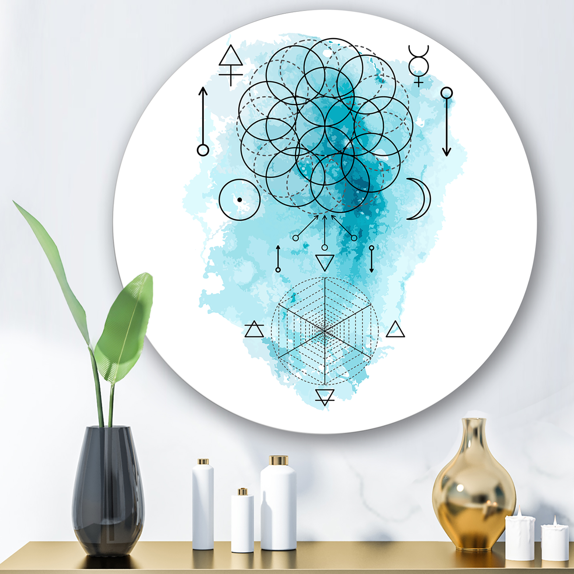 Designart 'Sacred Geometry and Symbol of Alchemy I' Bohemian & Eclectic Circle Metal Wall Art 23x23 - Disc of 23