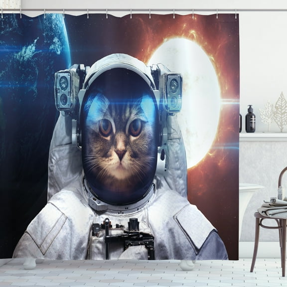 Ambesonne Space Cat Shower Curtain, Kitty in Galaxy Dust, 69"Wx70"L, Pale Yellow White