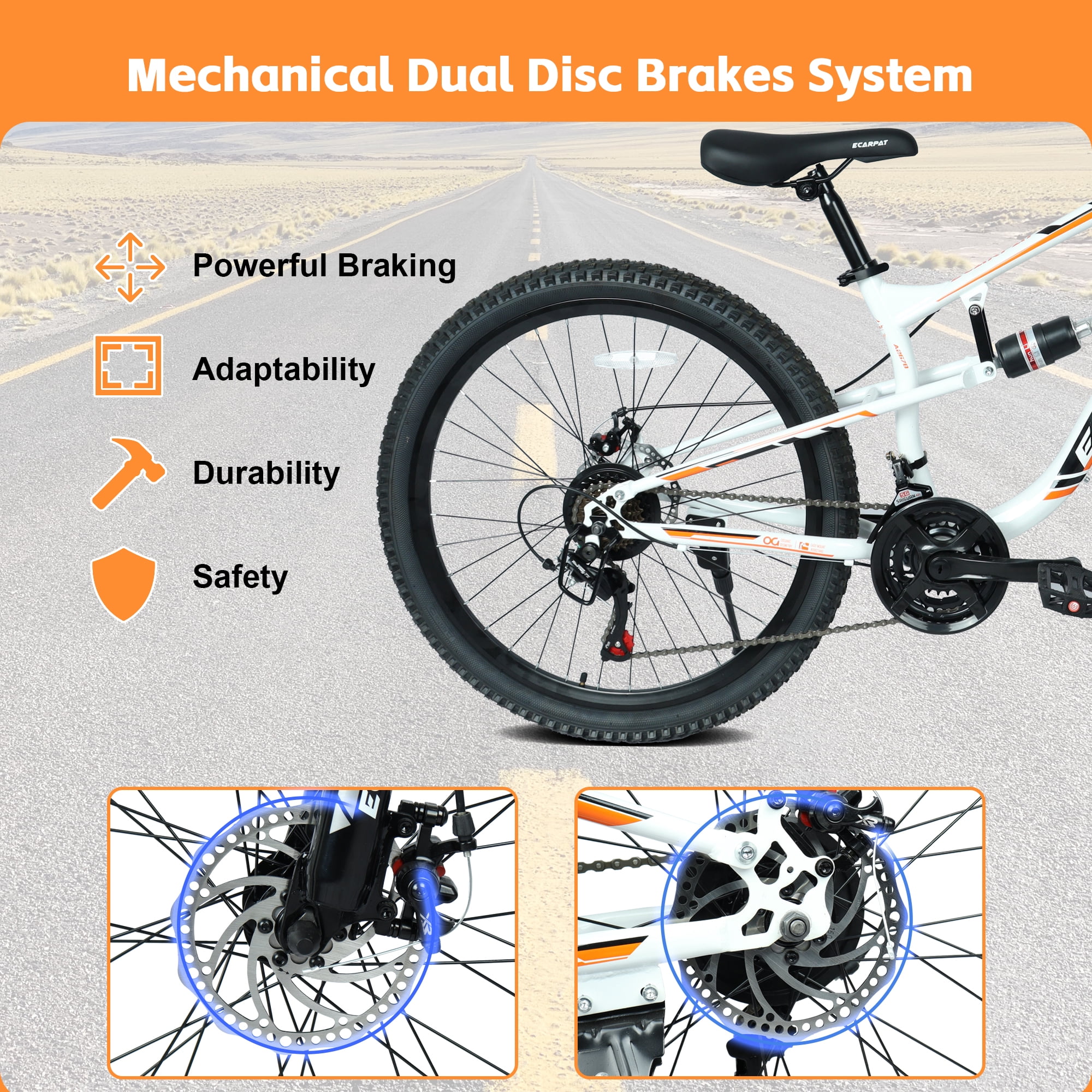 26 Inch Mountain Bike with 21-Speeds & Full Suspension Steel Frame,White&Orange