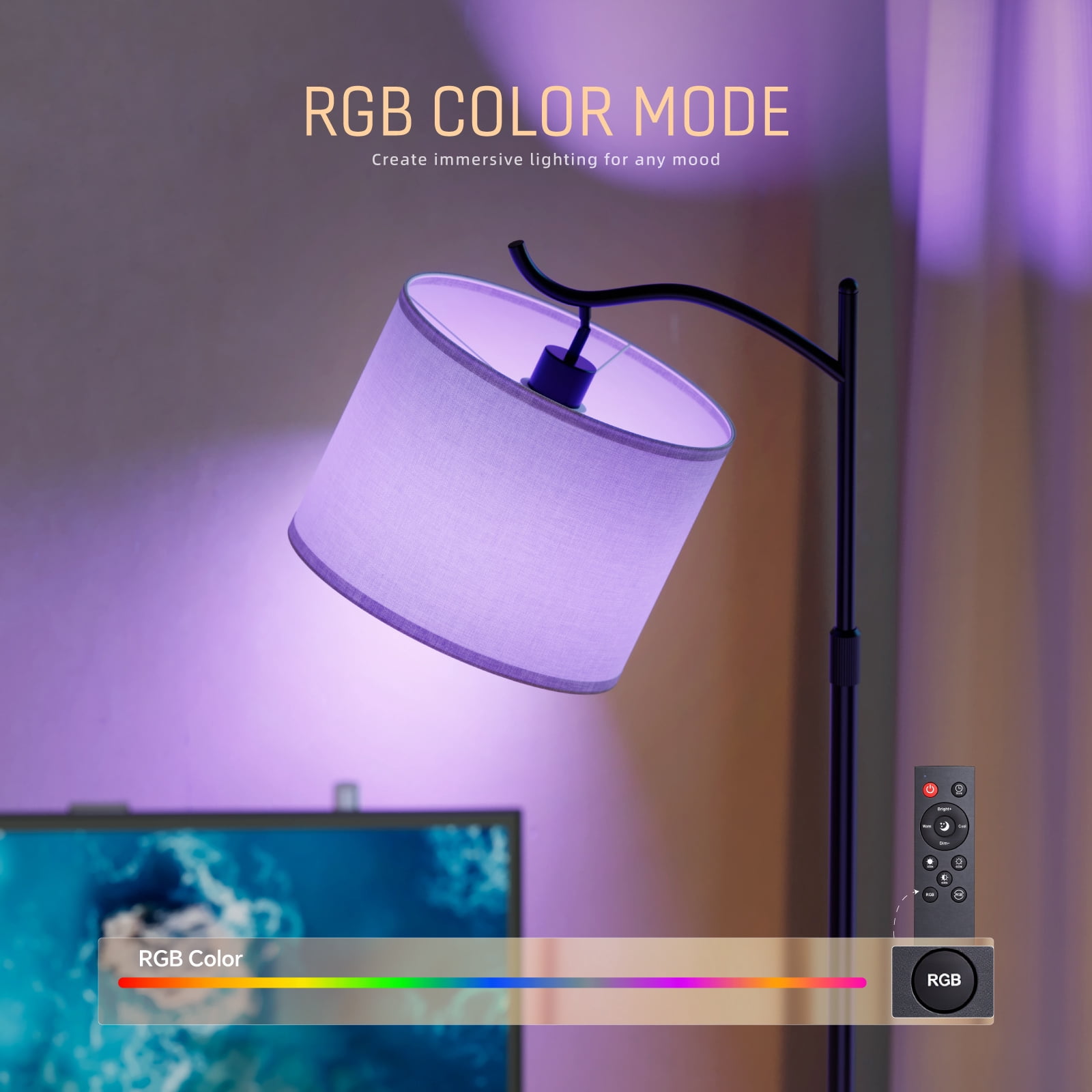 Fenbeli Smart Floor Lamp for Living Room Bedroom, RGB LED Floor Lamp with Remote & App, Dimmable Tall Standing Lamp, Adjustable Modern Reading Lamp