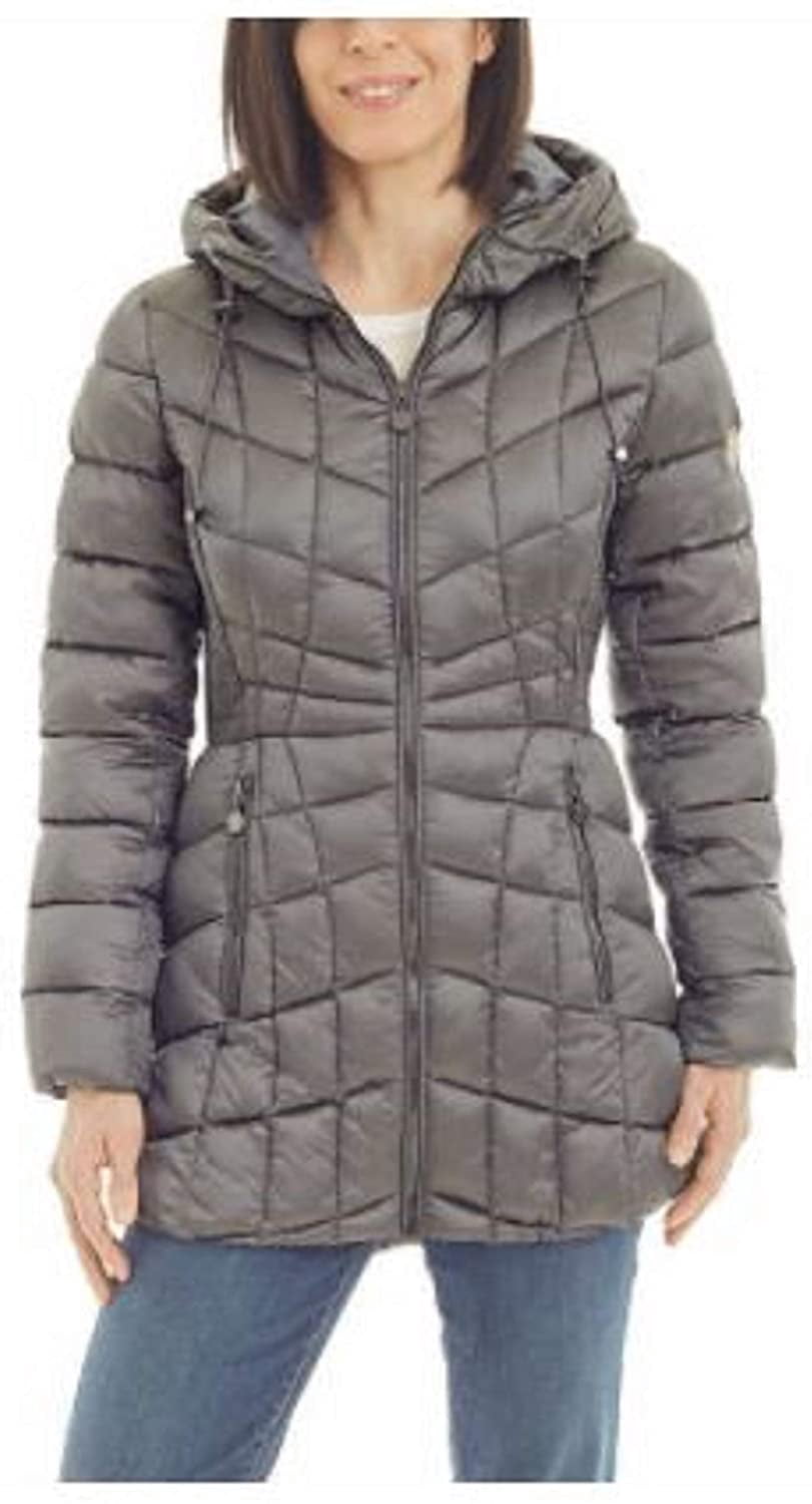 LONDON FOG Girls' Heavyweight Puffer Jacket With Faux Fur Hood & Matching Beanie - Silver/Black Houndstooth