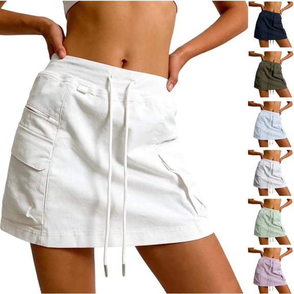 UDAUDU Cargo Skorts for Women 2026 Drawstring Waist Athletic Skirts Matching Shorts Casual Underneath Golf Trendy Skirt with Pockets White 2XL