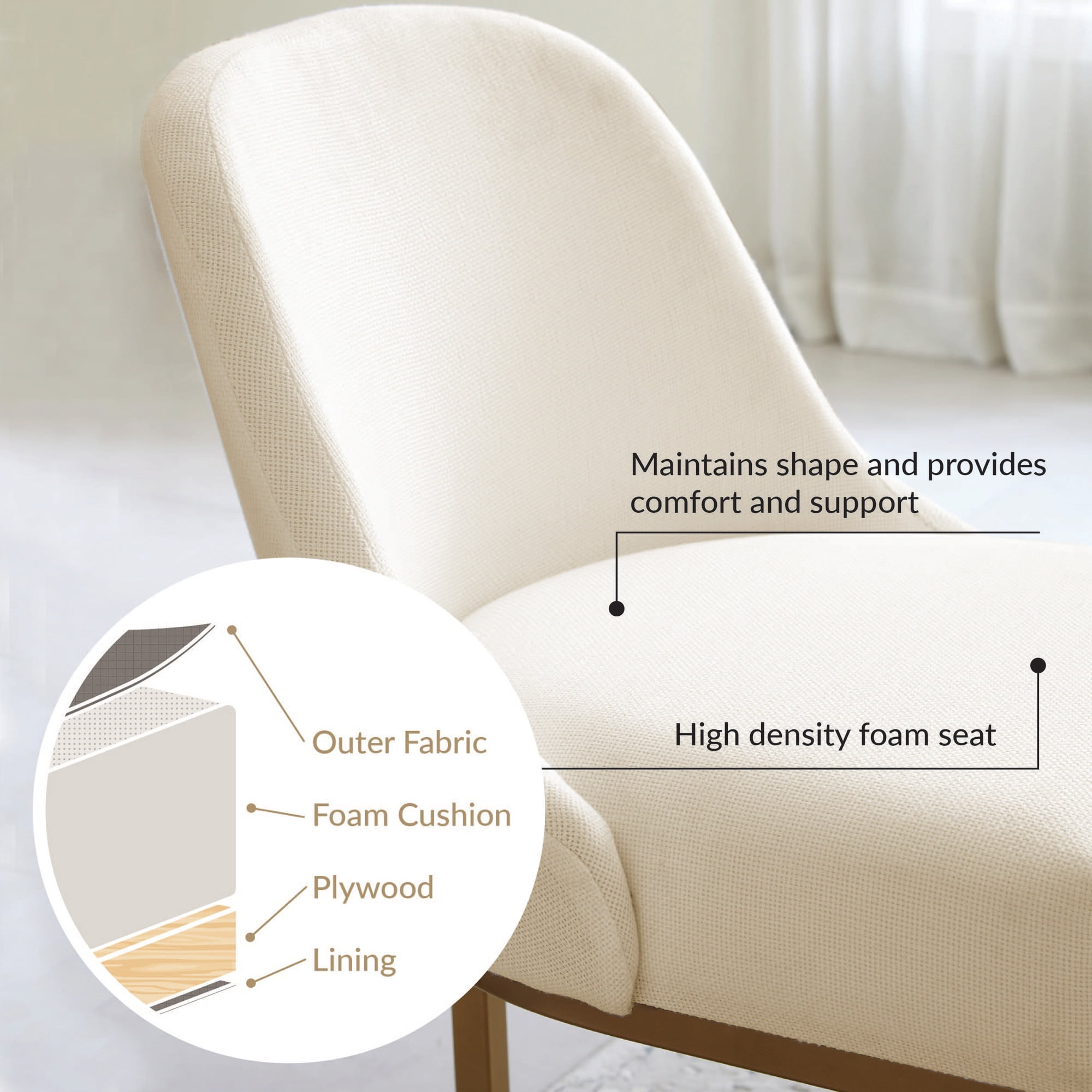 Upholstered Barrelback Dining Chair with Gold Metal Base, Modern White Linen, Set of 2