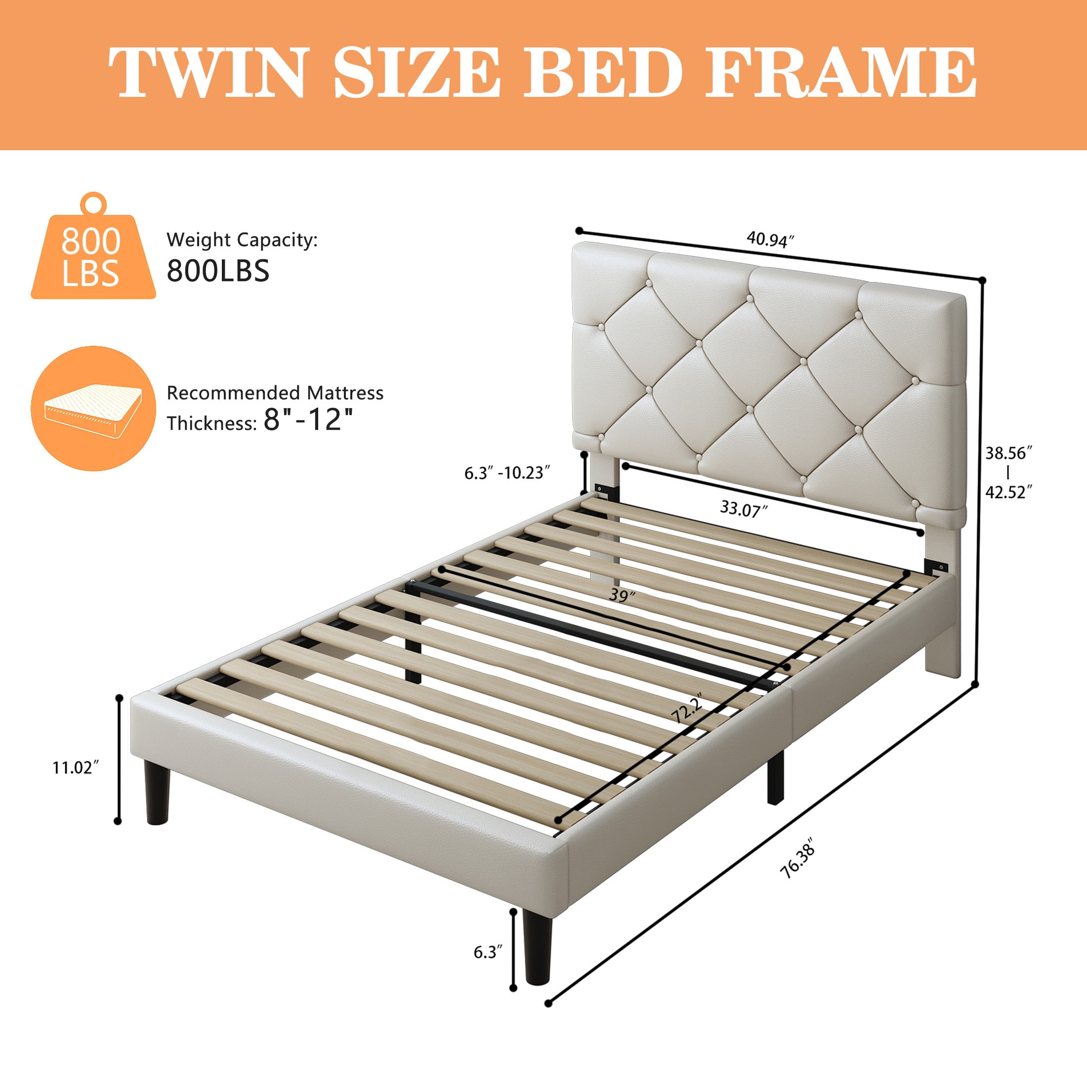 Twin Bed Frame with Upholstered Faux Leather Headboard, UHOMEPRO Platform Bed Frame with Wood Slat Support, No Box Spring Needed, Beige