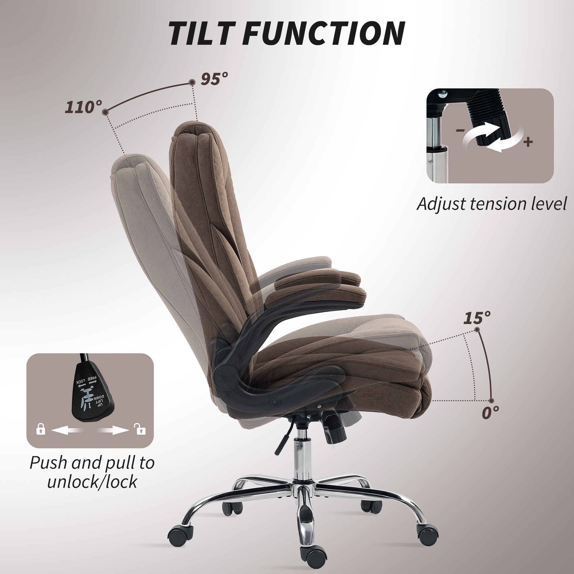 HOMCOM Executive Office Chair, Fabric Comfy Computer Desk Chair with Swivel Wheels, Flip-up Armrest, Adjustable Height, Dark Brown