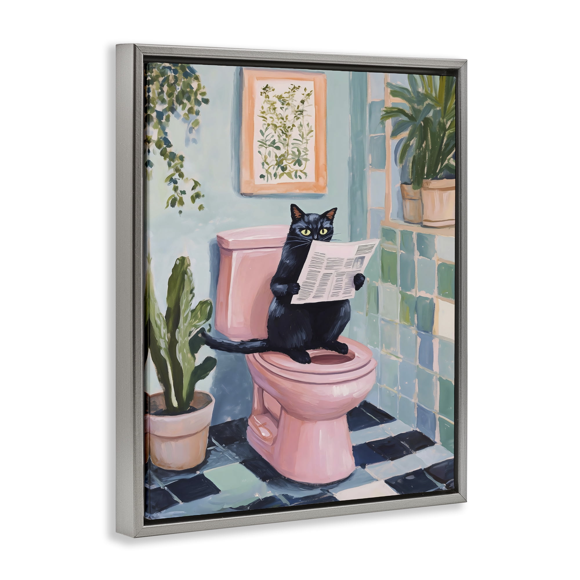 Stupell Industries Cat Reading on Pink Toilet Gray Framed Floater Canvas Wall Art, design by The Prints Vibe