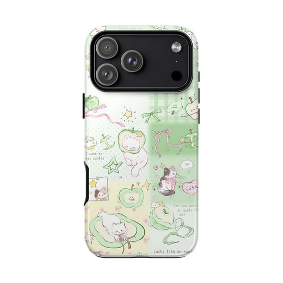 Aesthetic Lucky Apple Cat Phone Case, Soft Green Cartoon Cat Cover for iPhone 17 16 15 14 13 12 11 Series