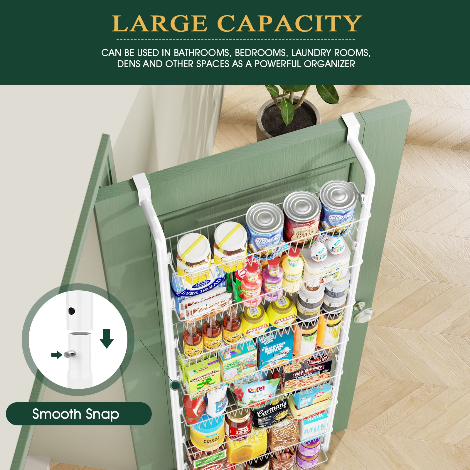 Yeabett 8-Tier Over the Door Pantry Organizer, Larger Baskets Metal Pantry Organization and Storage, Door Back Hanging Space Saver for Kitchen, Laundry, Bathroom, White