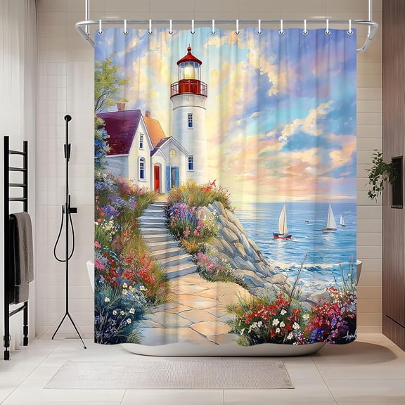 Coastal Lighthouse Shower Curtain Nautical Beach Ocean Rustic Seaside Summer Hawaiian Seacape Sea Sailboat Island Shower Curtains Set Bathroom Polyester Fabric with Hooks-72"W x 72"L (Pack of 1)