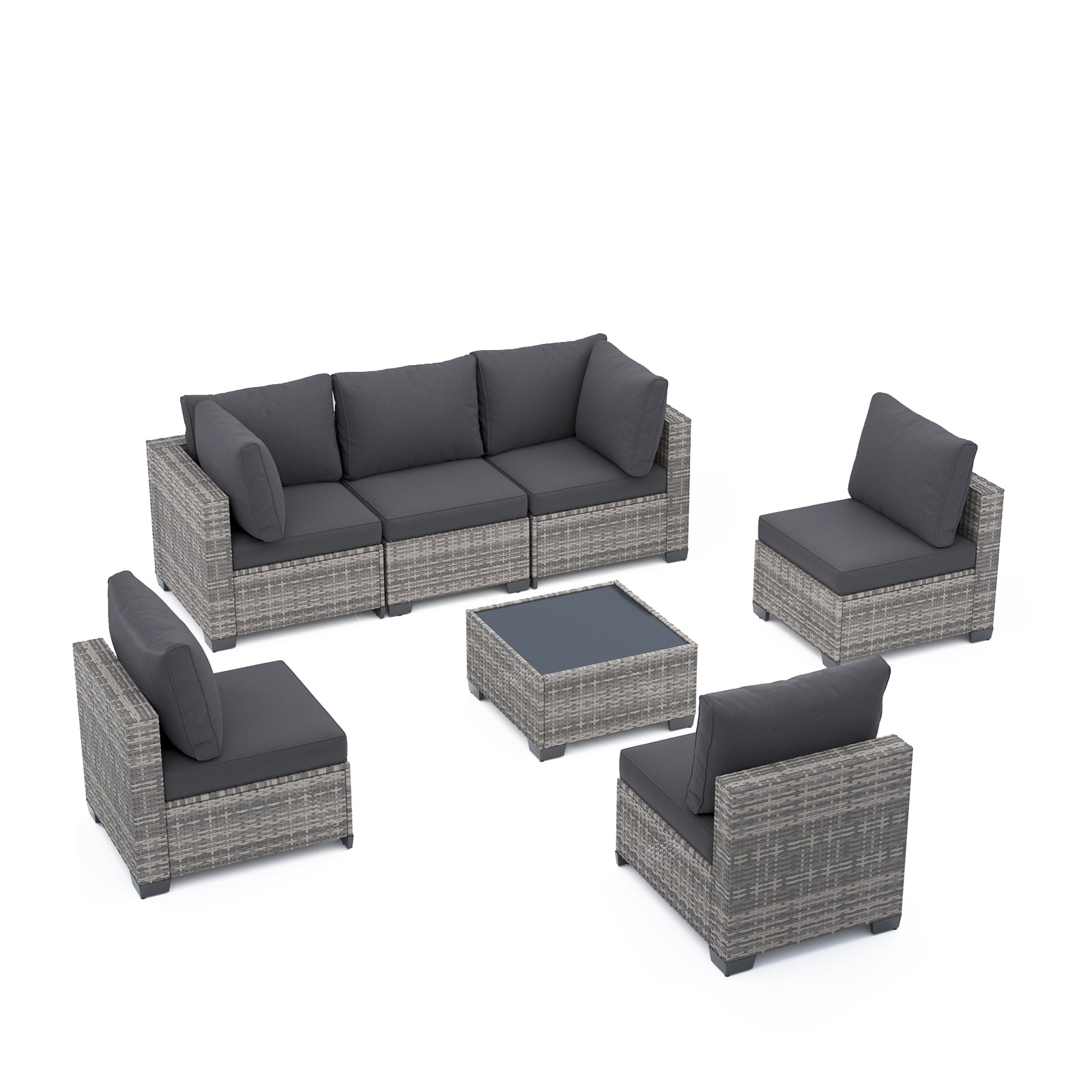 YIORTWO 7-Piece Outdoor Patio Furniture Set, Modular Wicker Sectional Sofa with 3.15" Thick Cushions, All-Weather Rattan Conversation Set with Tempered Glass Table, Grey