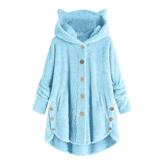 tklpehg Fall Winter Womens Winter Coat Long Sleeve Coats Hooded Jacket Button Coat SolidTops Hooded Pullover Loose Sweater Blouse Plus Size Blue XL