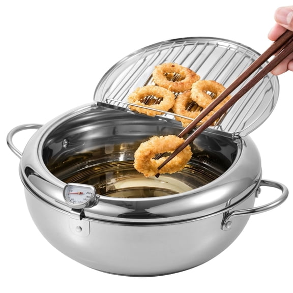 1.1 Gal Stainless Steel Frying Pot, 4.2 L Japanese Deep Fryer Pot with Thermometer, Removable Oil Drip Rack, Tempura Frying Pot with Lid