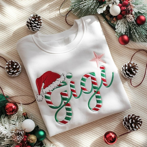 EMBROIDERED Gigi Grandma Christmas Candy Cane Sweatshirt, Xmas Custom Name Shirt, Funny Family Xmas Pjs, Christmas Matching Shirt