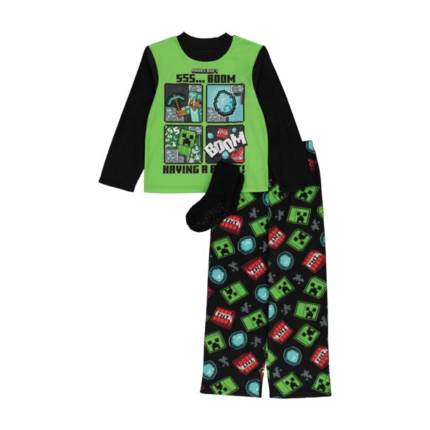 Minecraft Boys Pajama Set with Socks, Long Sleeve Top and Pants 3pc PJ ...