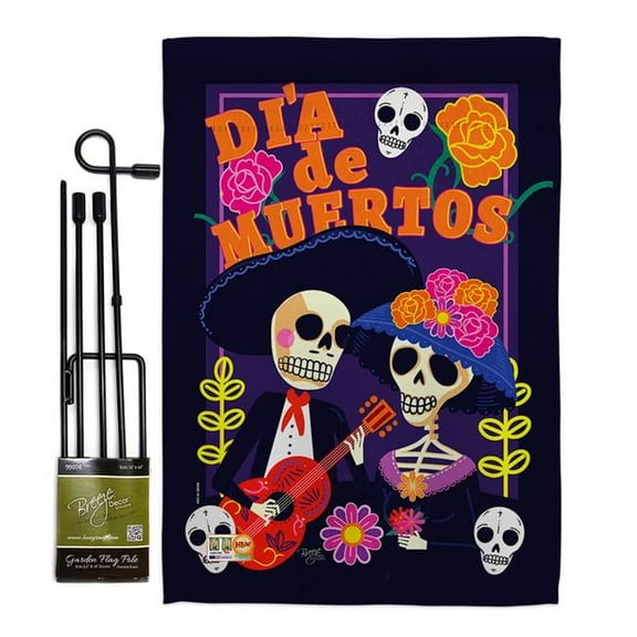 Breeze Decor BD-HO-GS-112077-IP-BO-D-US18-BD 13 x 18.5 in. Dia de Muertos Couple Fall Halloween Vertical Double Sided Mini Garden Flag Set with Banner Pole
