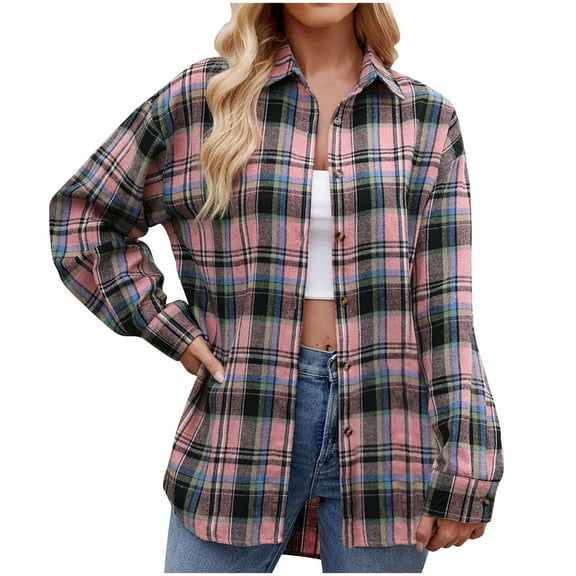 Snoarin Button Down Shirt Women Casual Lapel Button Pocket Plaid Long Sleeved Shirt Top Jacket S-2XL