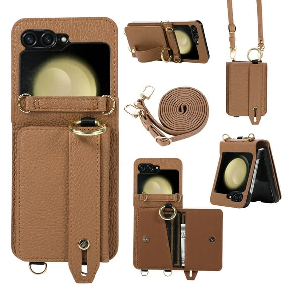 Allytechgroup Premium Galaxy Z Flip 6 5G Case Wallet - Stylish Phone Case for Samsung Galaxy Z Flip 6 with Ring Holder Shoulder Strap Hand Strap RFID Blocking Case for Girls Women, Brown