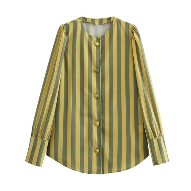 ameIAEA Button Down Shirts for Women Striped Long Sleeve Bloues Color Block Casual Fall Tops
