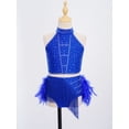thumbnail image 4 of YiZYiF Kids Girls Shiny Dance Crop Top and Tassel Feather Briefs Skirt 2 Piece Ballet Latin Jazz Dance Outfit Set Royal Blue 14, 4 of 7