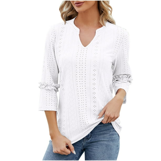 Fiudx Ofertas Flash Del Día Solo En Línea Blusa Casual de Verano para Mujer, Manga Corta, Cuello En V, Manga 3/4, Dobladillo Curvado, Blusa Suelta Tipo Túnica