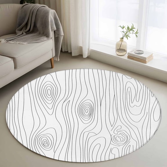 Simple Line Wooden Texture Round Area Rug 3.3Ft Washable Circle Rugs for Dining Room Table, Modern Striped Non-Slip Carpet Floor Mats Indoor Outdoor Carpet Runner Aesthetic Home Decor