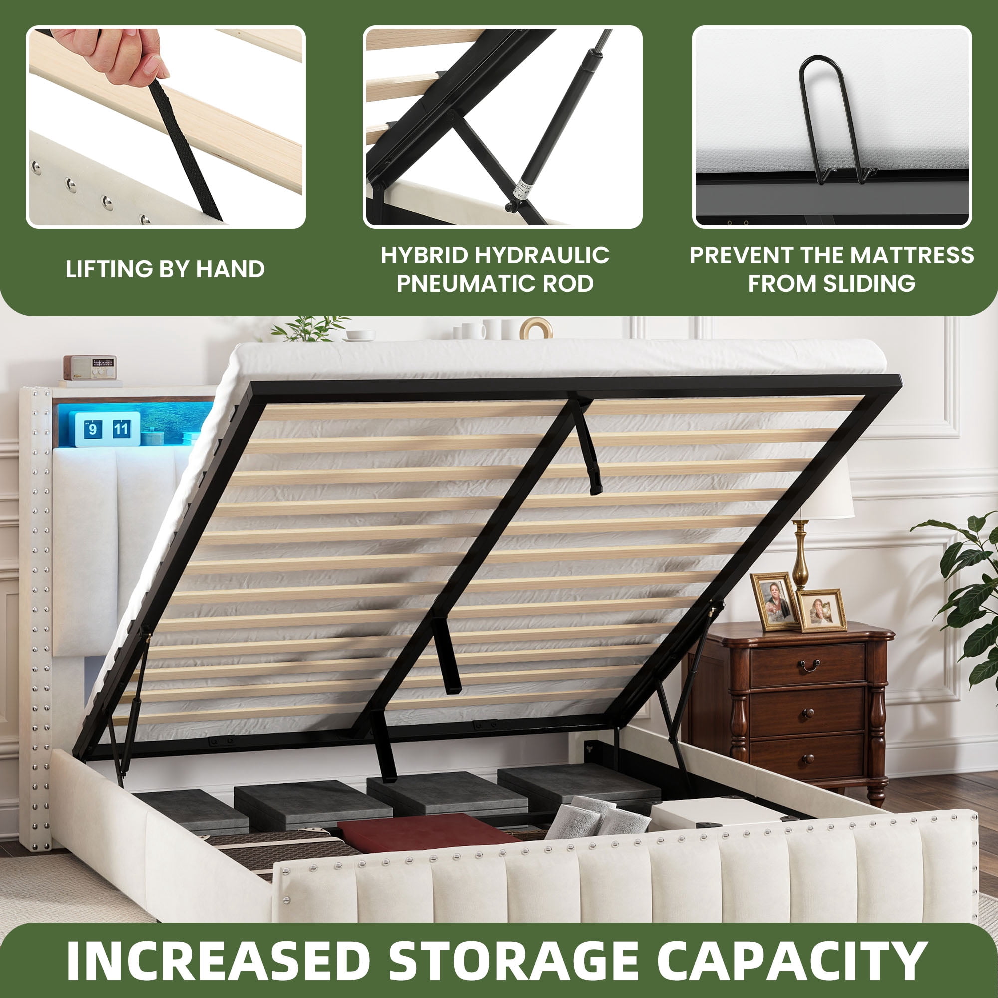 Uforic Full Size Lift Up Bed Frame with LED Lights & Power Outlets, Storage Bed with Upholstered Headboard, Beige