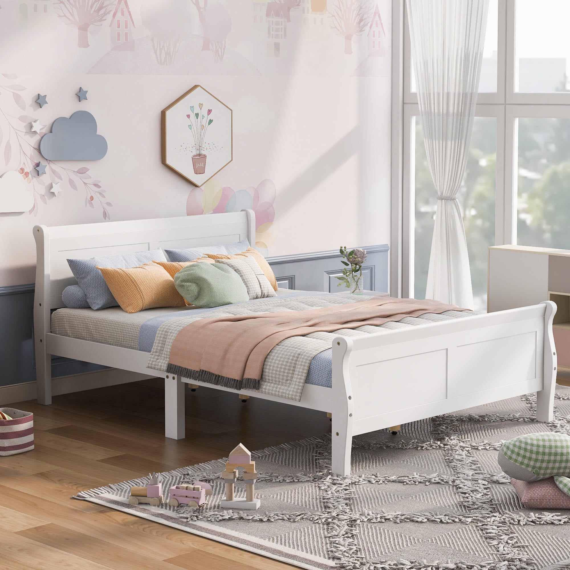 Queen Bed Frame with Headboard, Wood Platform Bed Frame, Sleige Bed