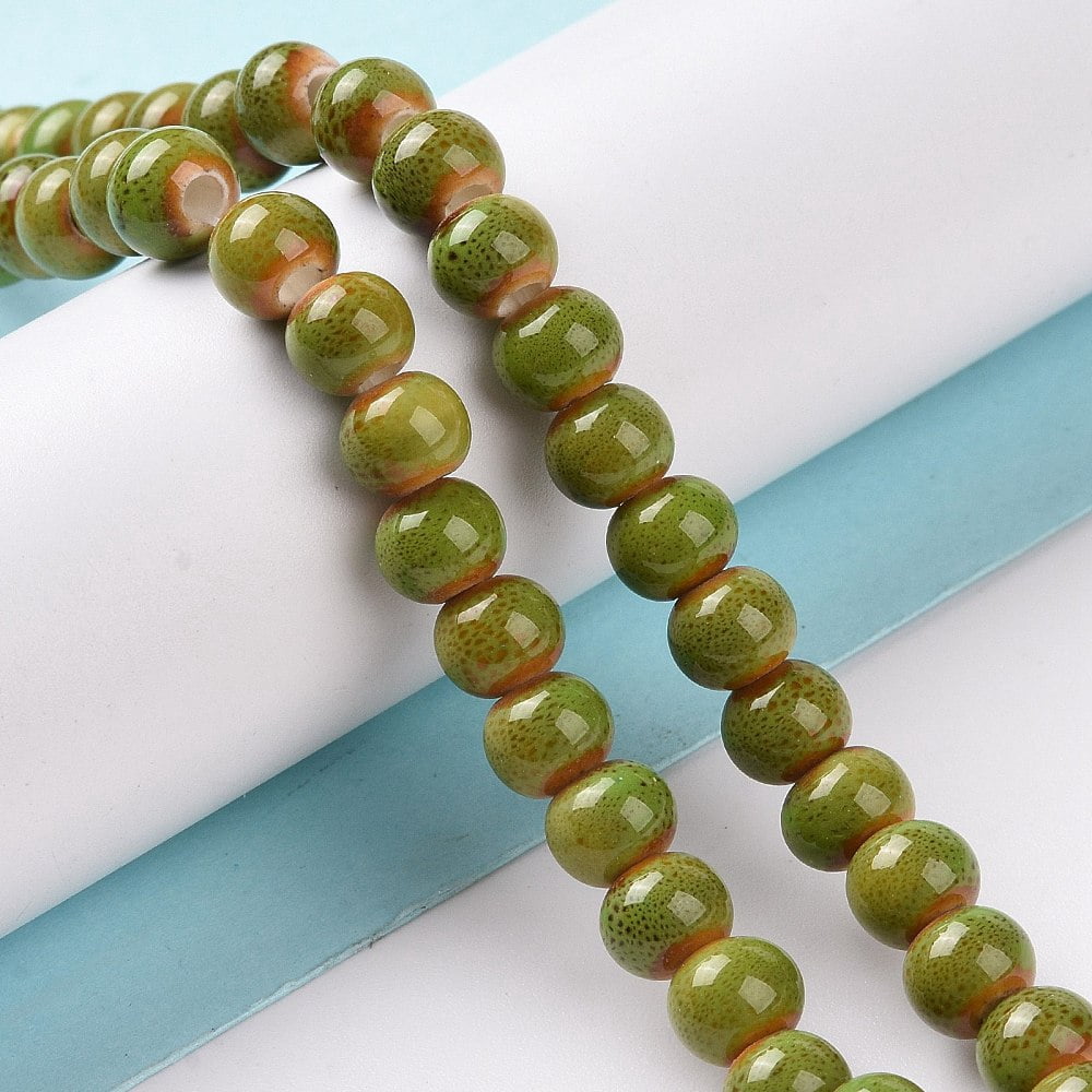 Handmade Fancy Glazed Porcelain Ceramic Round Beads Strands Yellow Green 12~13mm Hole: 2mm 30pcs/strand 12~13 inch
