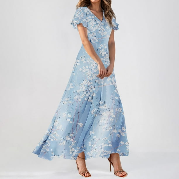 SnnmBlm Summer Dresses for Women 2024 Floral Boho Dress Beach Casual Mid  Length Dress Short Sleeve Flowy Elegant Maxi Dress Sky Blue L - Walmart  Business Supplies