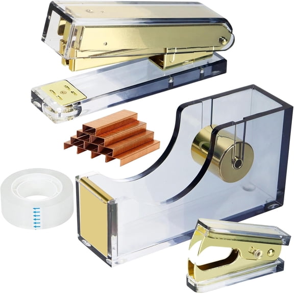 Multibey Black Stapler and Tape Dispenser Set, Gradient Black to Clear Acrylic Desk Accessories Office Supplies Includes Tape, Staple Remover and 1000 Staples for Office Home (5-Piece Set)