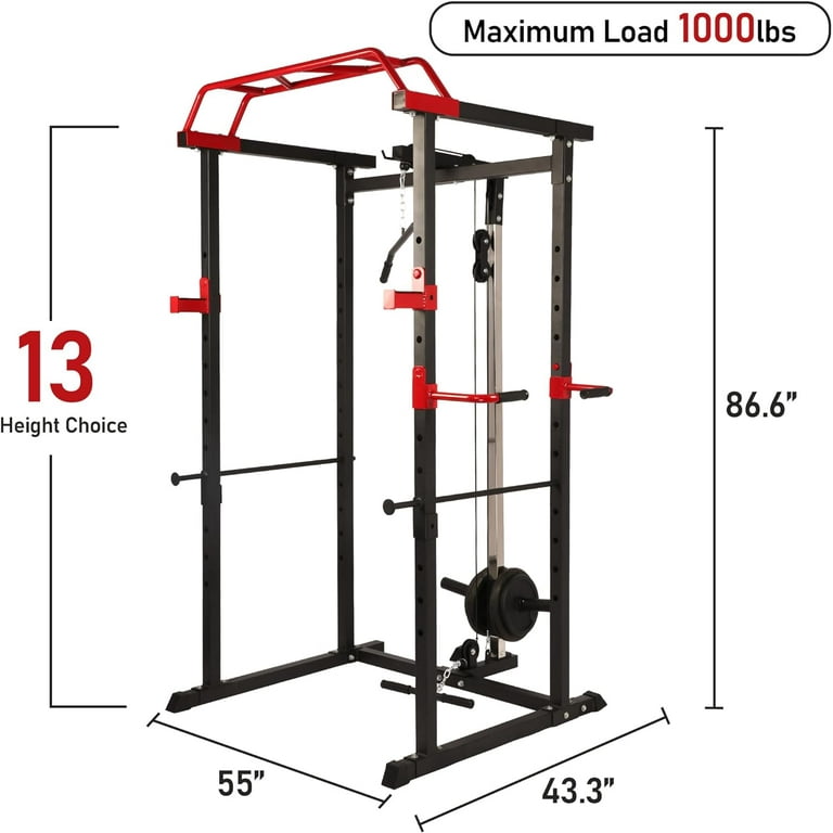 Squat Rack Power Cage with LAT Pull down System Adjustable Height Home Gym Equipment with Cable Bar and Pull up Bar Includes Hooks Dip Bars and