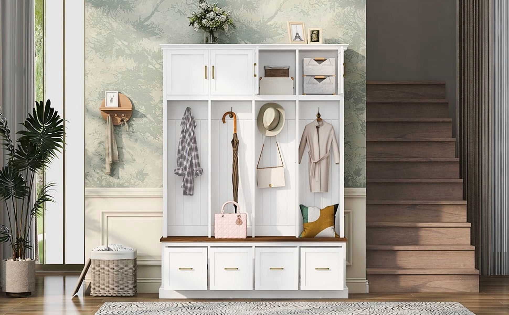 Mintazer 78” Tall Farmhouse Entryway Hall Tree with Coat Rack Hooks, Cabinets, Drawers & Shoe Storage Bench for Living Room, Bedroom, Hallway, White