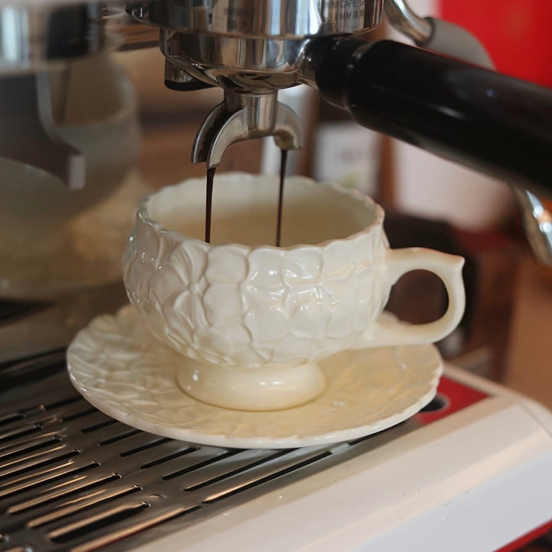 French Vintage Cream Embossed Floral Highball Coffee Cup and Saucer Set - Afternoon Tea Latte Art Cup - A unique gift choice, reusable ceramic, hand wash only, perfect for espresso, cappuccino and ot
