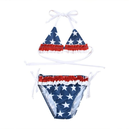 

Newborn Baby Girls American Flag Print Bikini Suit Kids Ruffle Tie-Up Halter Bra Tops Triangle Panty Swimwear