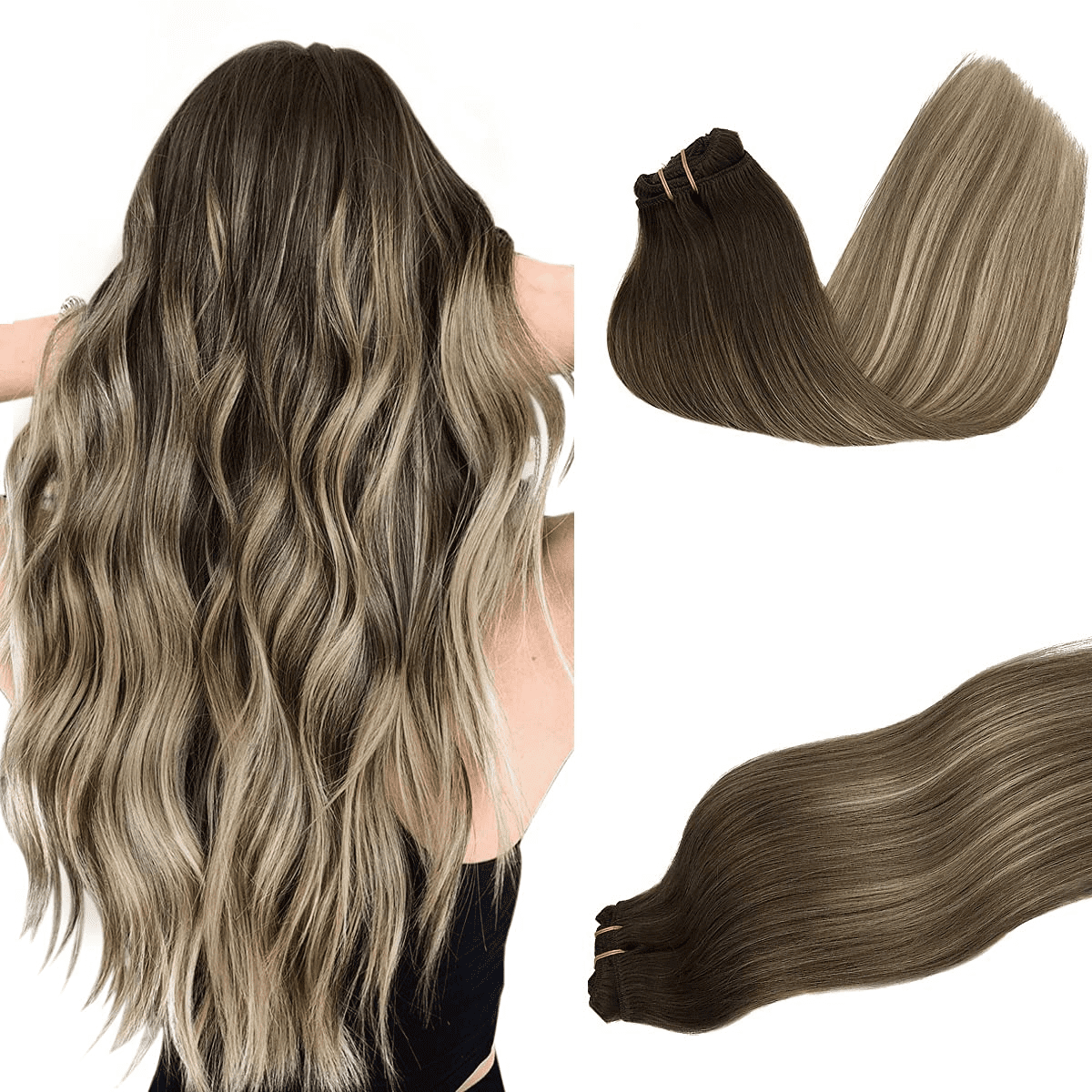 Clip In Hair Extensions Human Hair Thickened Double Weft Remy Hair 120g  7pcs, Walnut Brown to Ash Brown and Bleach Blonde Full Head Silky Straight  16 inch 