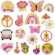 19pcs Iron on Vintage Patches Groovy Boho Peace Sign Preppy Embroidered Repair Decoractive Patches