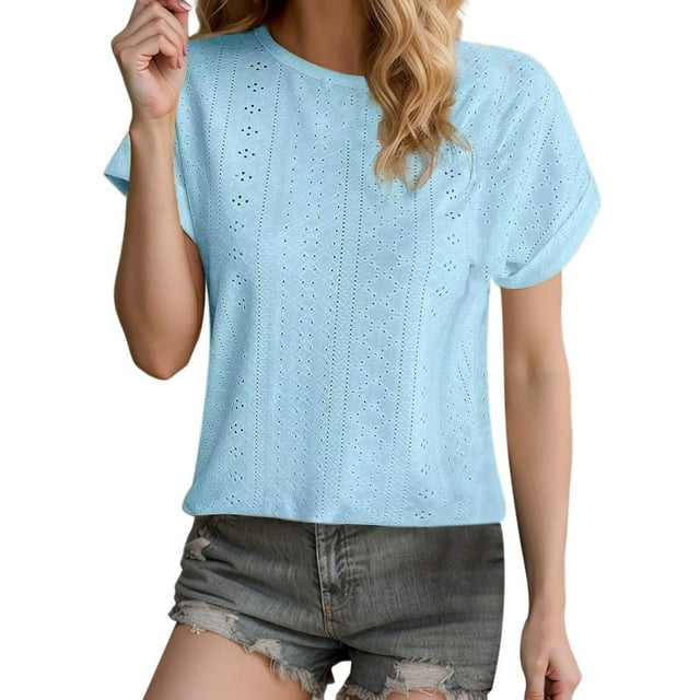 Ohufall T-Shirts Décontractés pour Femmes Été Manches Courtes Tee Respirant Col Rond Couleur Unie Hauts pour Dames