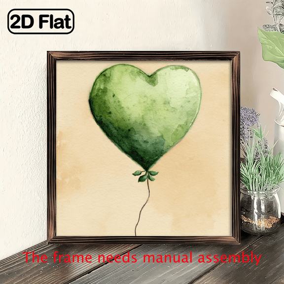 2D Flat - 1pc 2D Flat Green Watercolor Heart Balloon Wall Decor Vintage Wooden Frame Sign with Heart Pattern, Perfect for Bedroom, Living Room, Valentine'S Day Mother'S Day, Romantic Decoration, E
