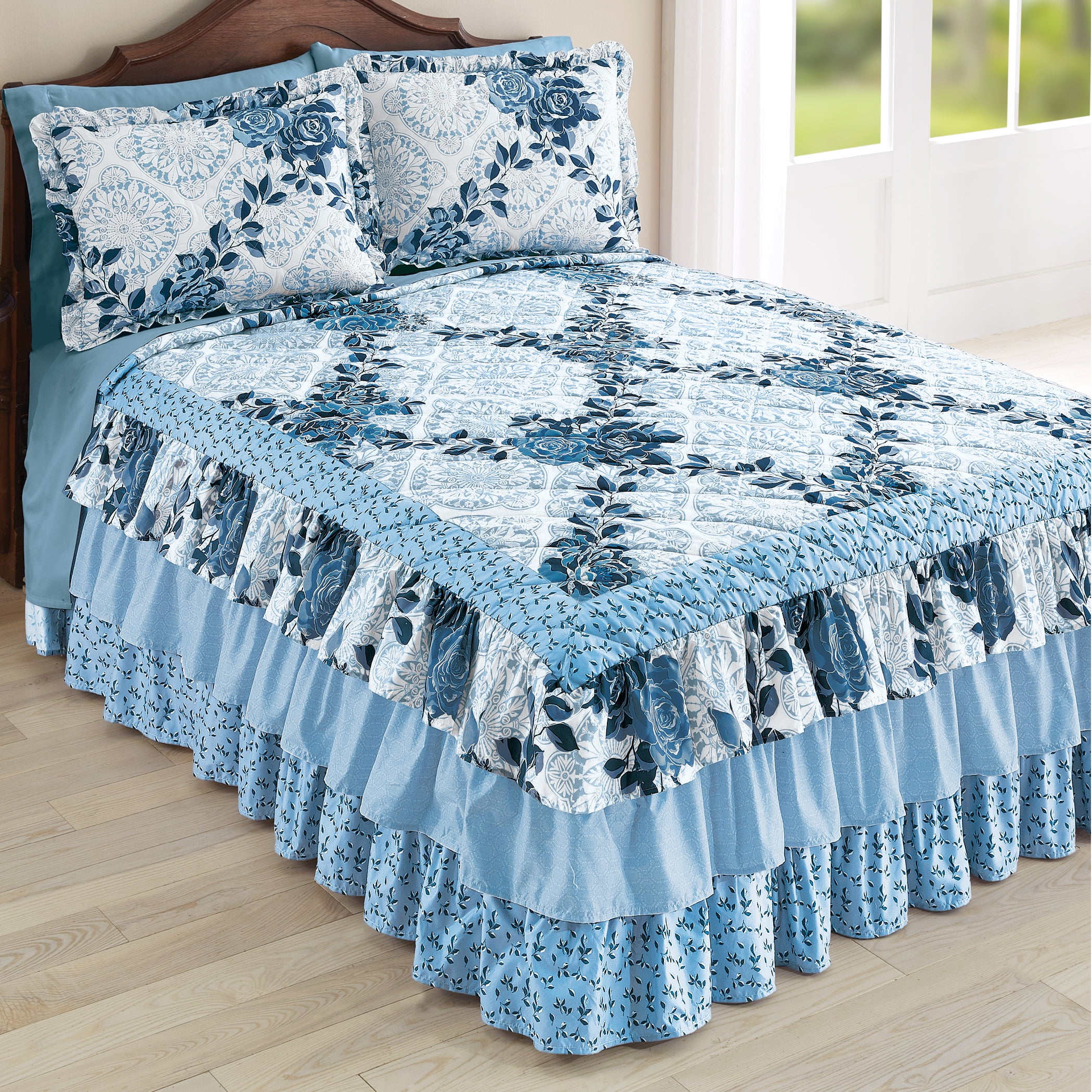 Collections Etc Navy Rose Floral Medallion Printed Tiered Ruffled Bedspread for Full Bed, 110" x 94", Queen