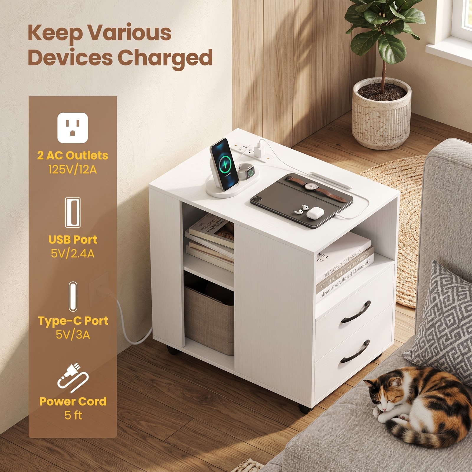 Furnibear End Table with Built-in Charging Station, Sofa Side Bedside Table on Wheels with 2 Drawers and 3 Open Shelves, USB and Type-C Ports, Rolling, White