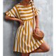 thumbnail image 3 of Vestido a rayas Moda casual Una línea Volantes Manga corta Estampado a rayas Vestido a media pierna fluido informal Amarillo M, 3 of 6