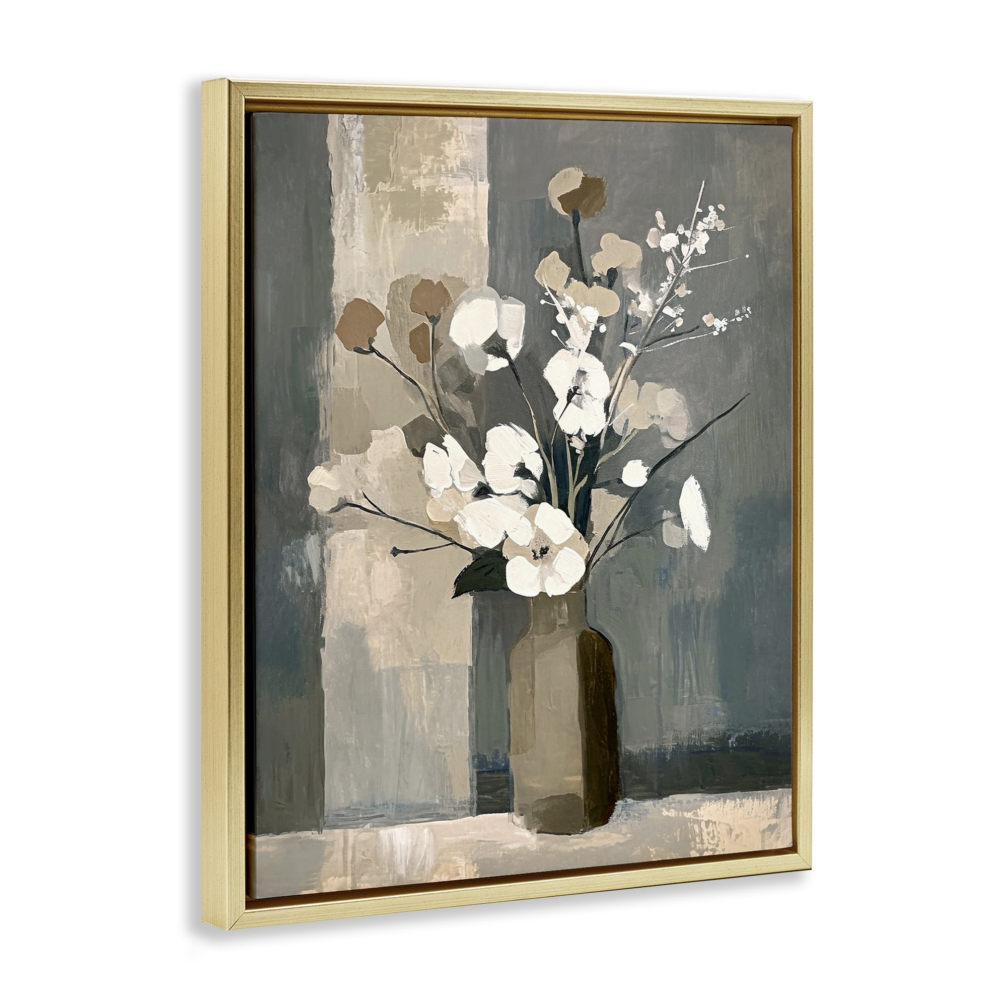 Stupell Industries Neutral Floral Vase Botanical & Floral Painting Gold Floater Framed Canvas Art Print Wall Art, 17 x 21