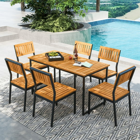 Gymax 7 PCS Outdoor Dining Set for 6 Acacia Wood Rectangular Table & 6 Armless Chairs
