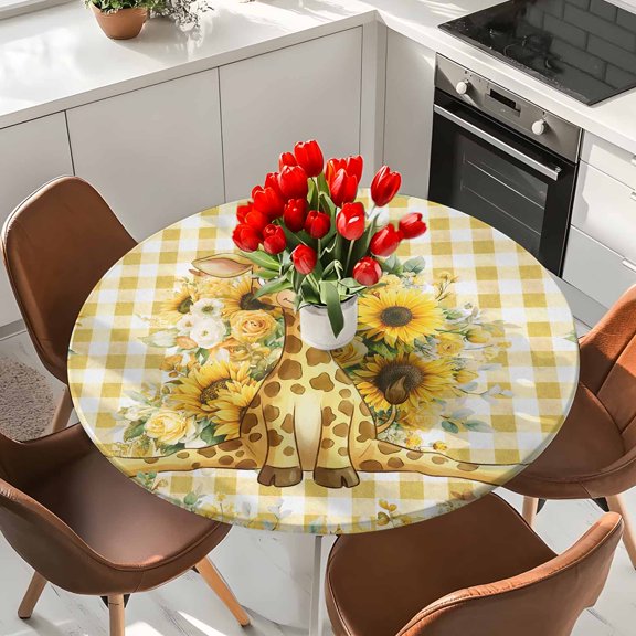 Cartoon Elastic Fitted Round Tablecloth Cute Giraffe Sunflowers Yellow Plaid Waterproof Outdoor Table Cover for Holiday Party, Picnic, Patio & Dining Fits Tables Up to 55"-60"